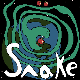 Snake eating apple says snake in front, planet behind him.