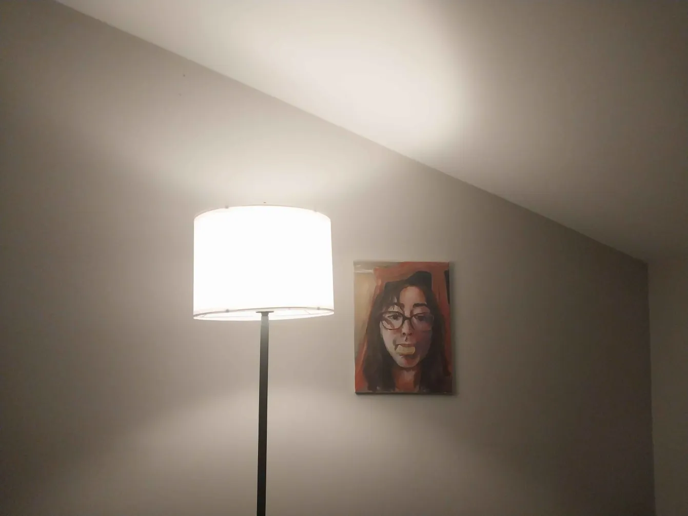 Lamp and painting my wife made of herself with a biscuit in her mouth.